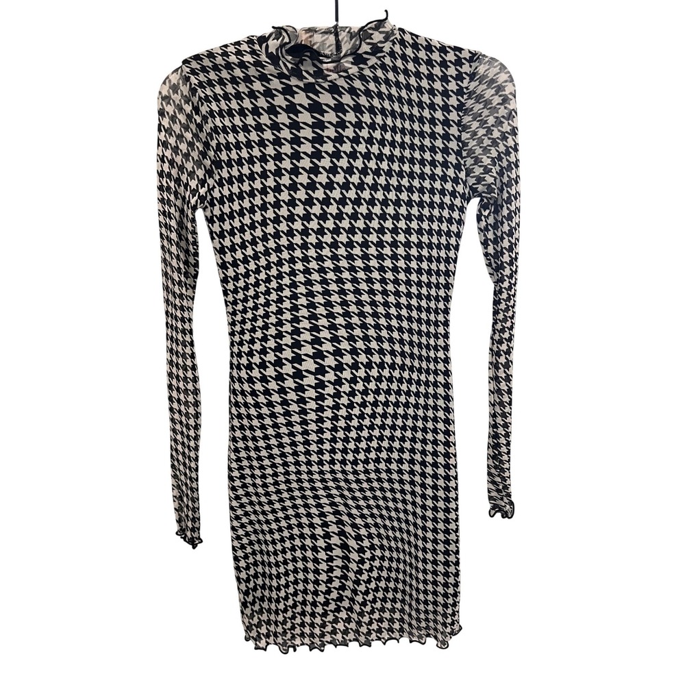 Houndstooth Mesh Mini Dress Long Sleeve Mock Neck Black XS
